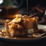 Banana bread bread pudding with caramel drizzle and banana slices