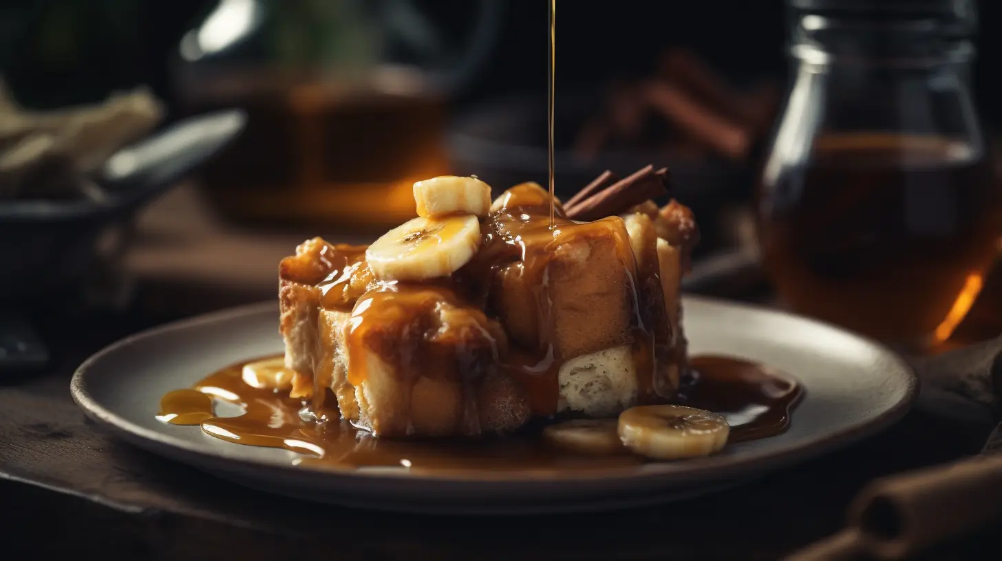 Banana bread bread pudding with caramel drizzle and banana slices