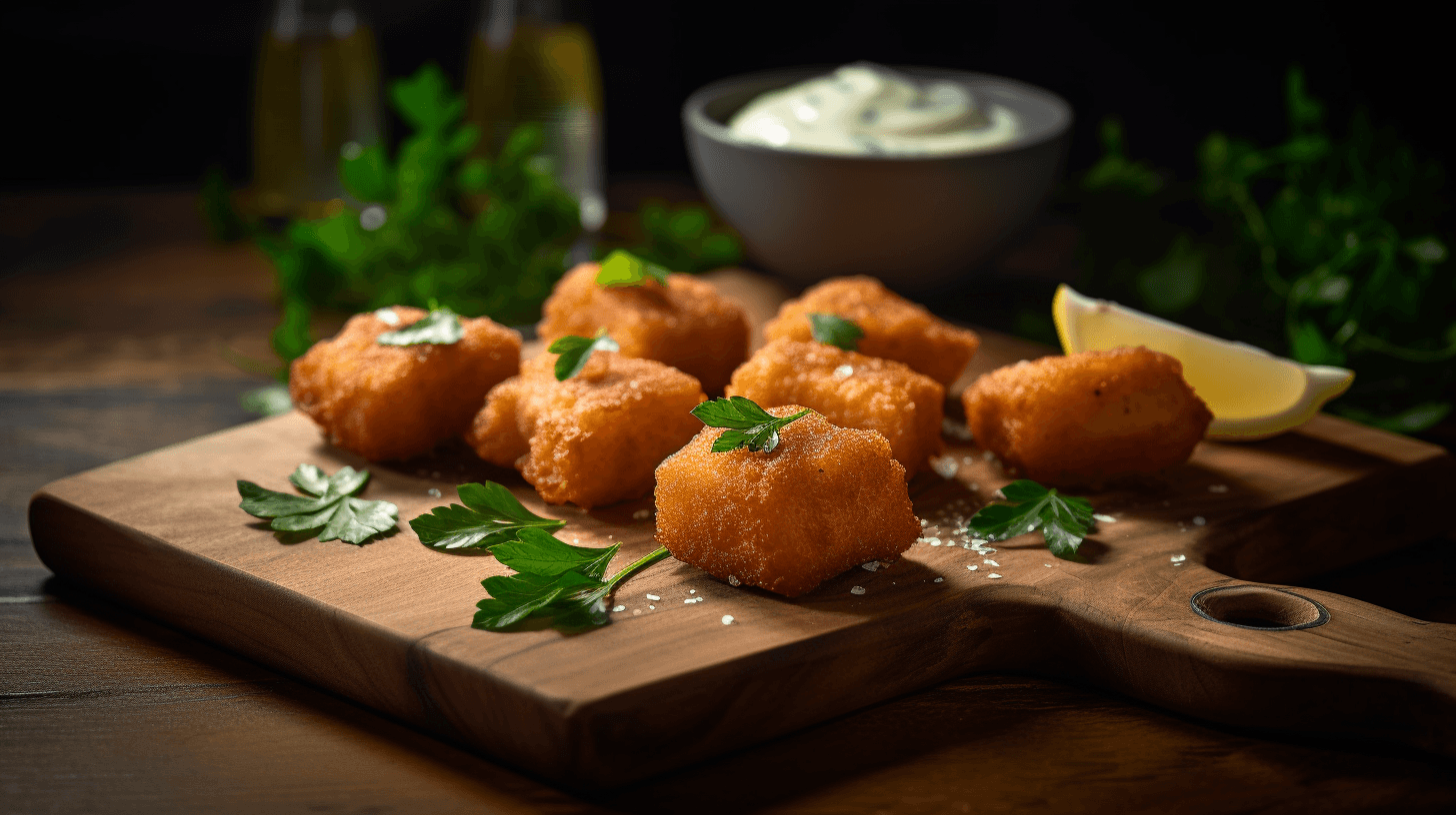 Golden, crispy salmon bites served with dipping sauce.
