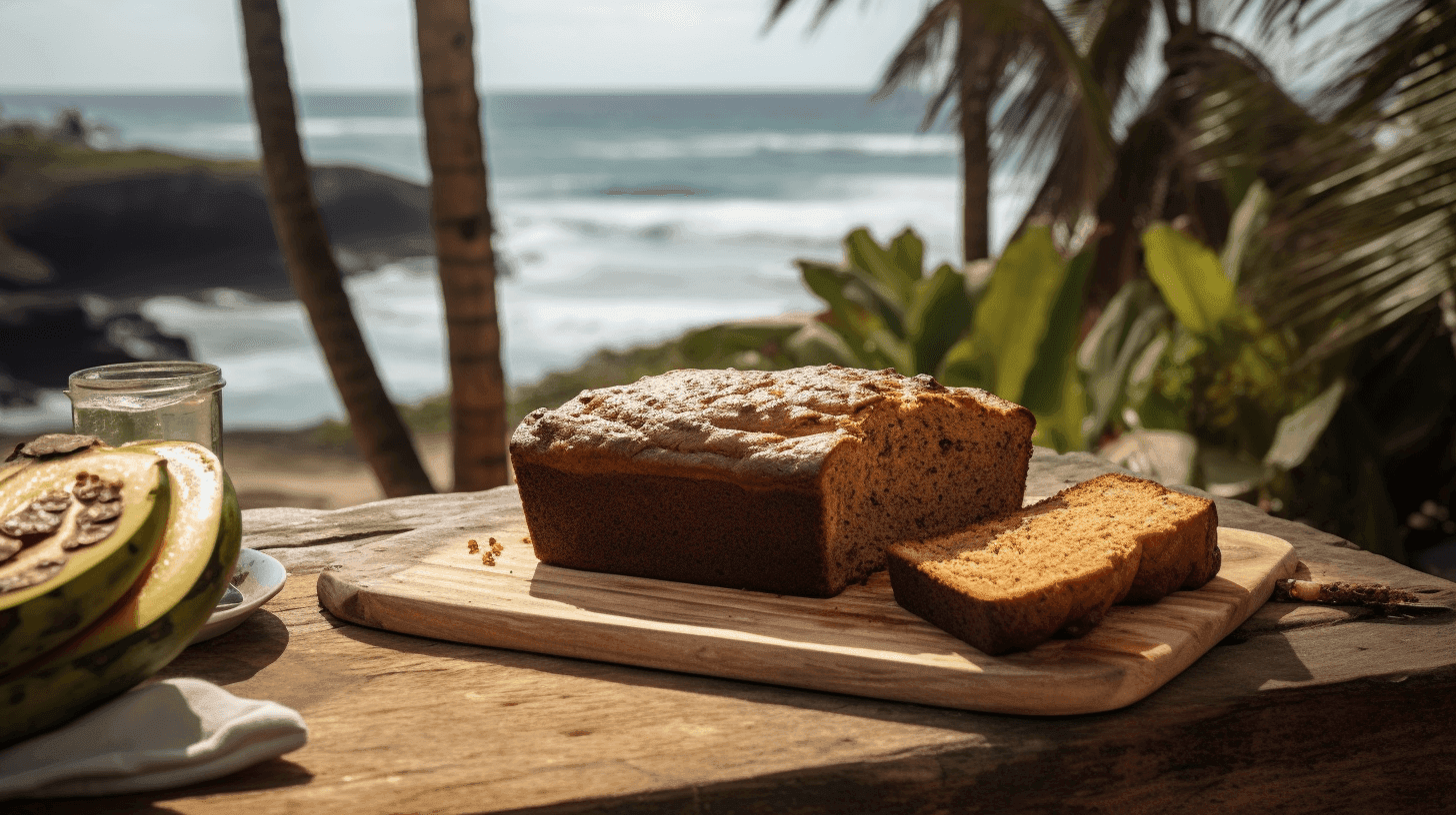 A freshly baked banana bread loaf on a rustic wooden table at the beach, with an ocean view in the background.