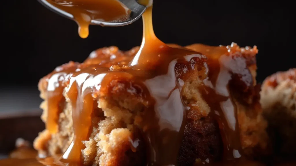 Caramel sauce being drizzled over banana bread bread pudding