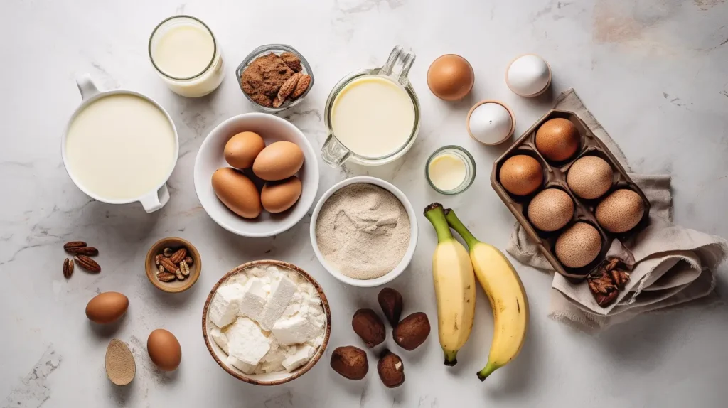 Ingredients for banana bread bread pudding arranged on a countertop