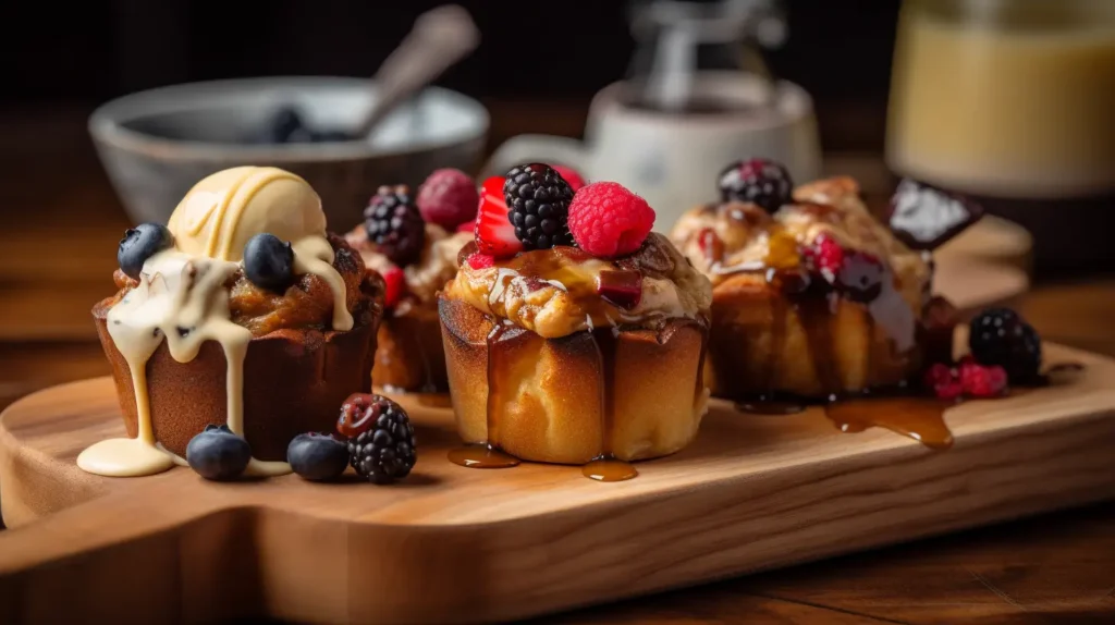 Different variations of banana bread bread pudding with toppings
