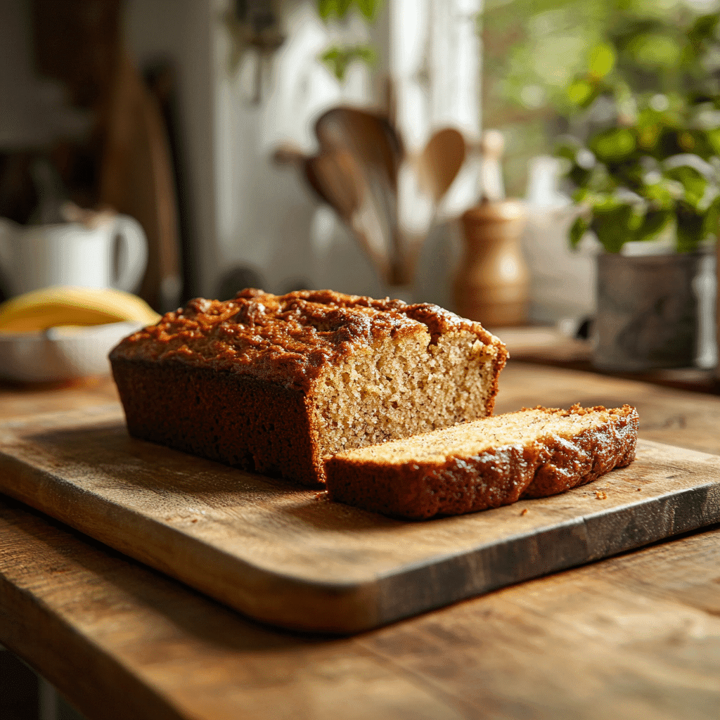 Freshly baked 4-ingredient banana bread sliced on a wooden board