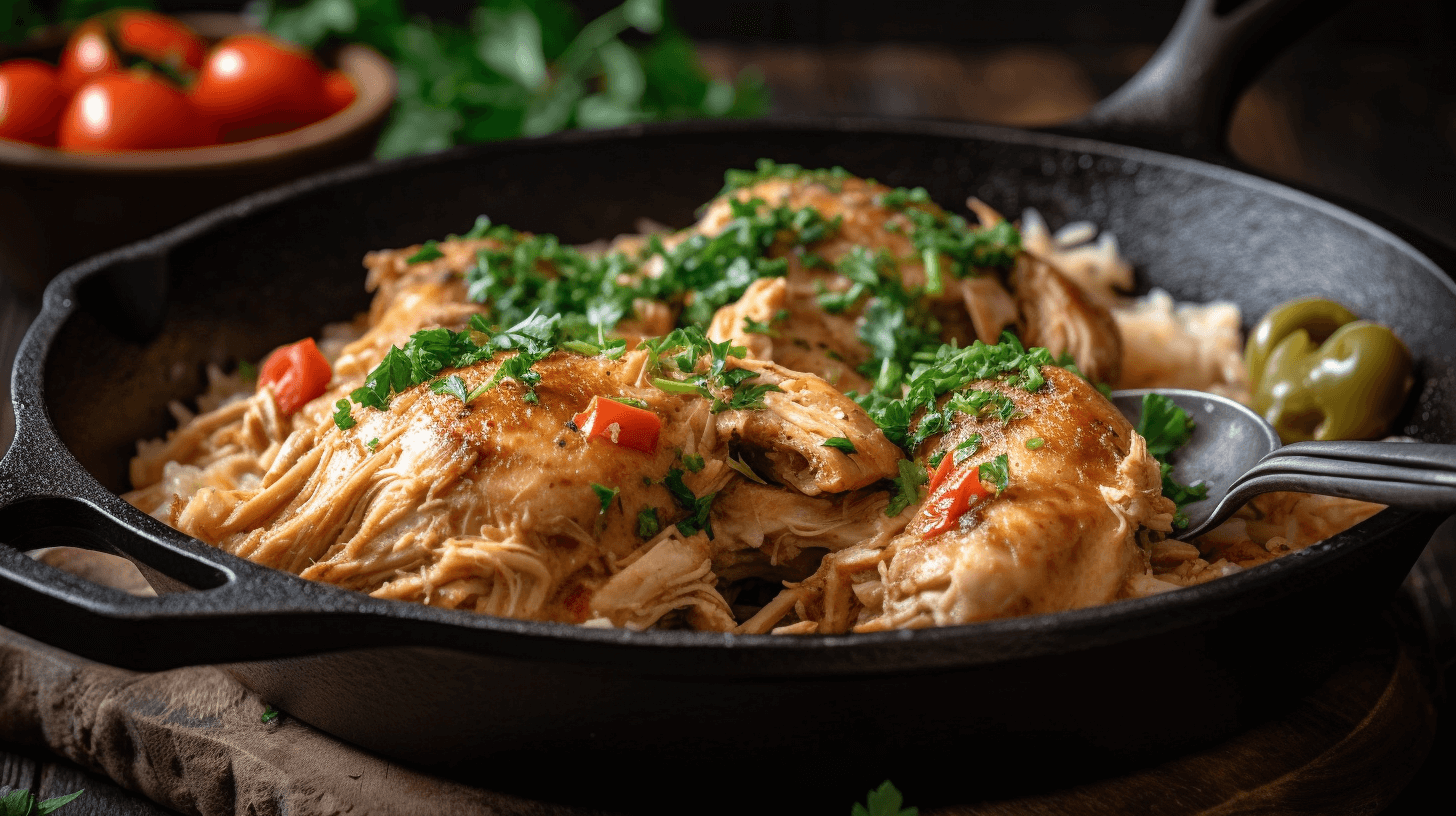 Moist and tender Mississippi Chicken in a cast iron skillet.