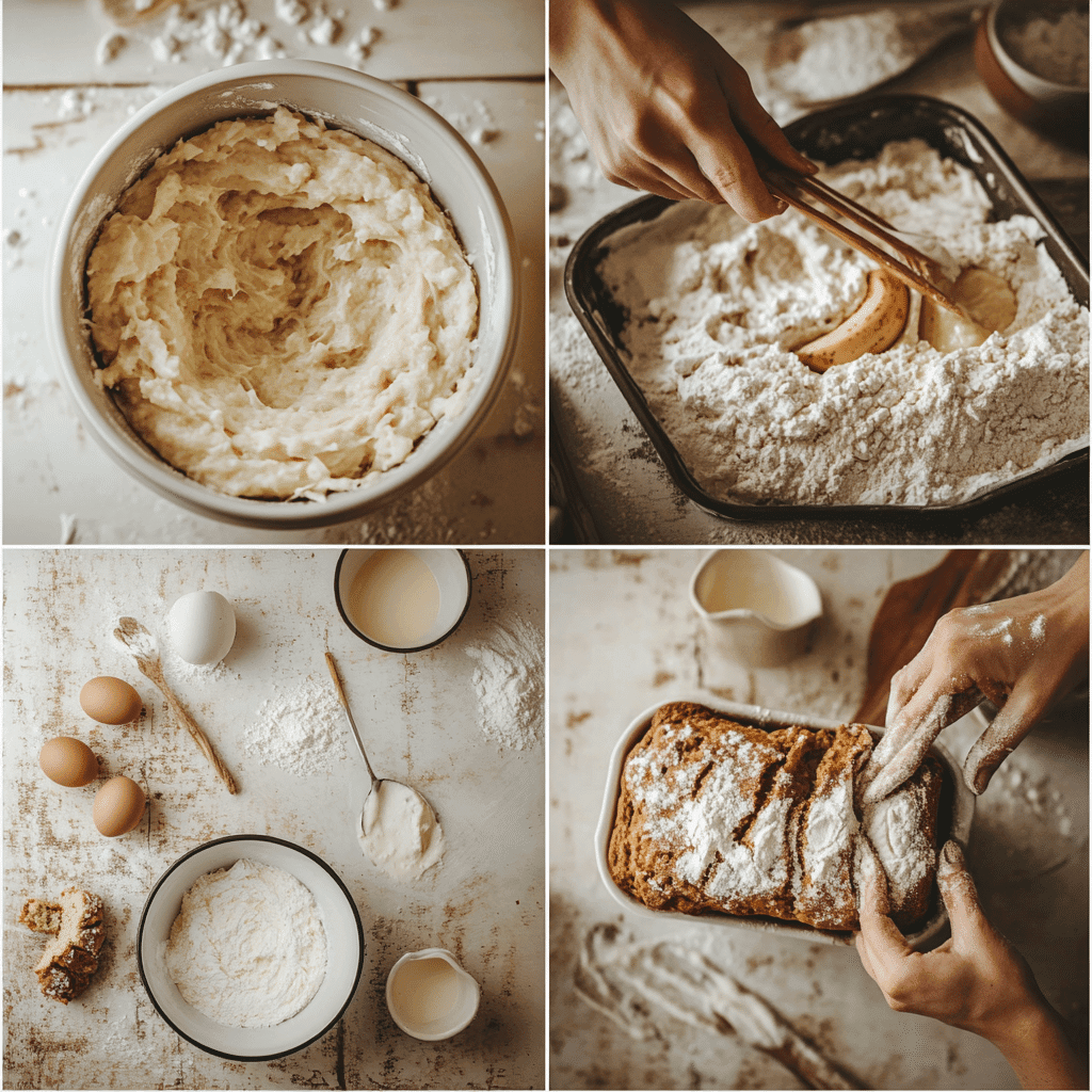Step-by-step images of mixing and baking 4-ingredient banana bread