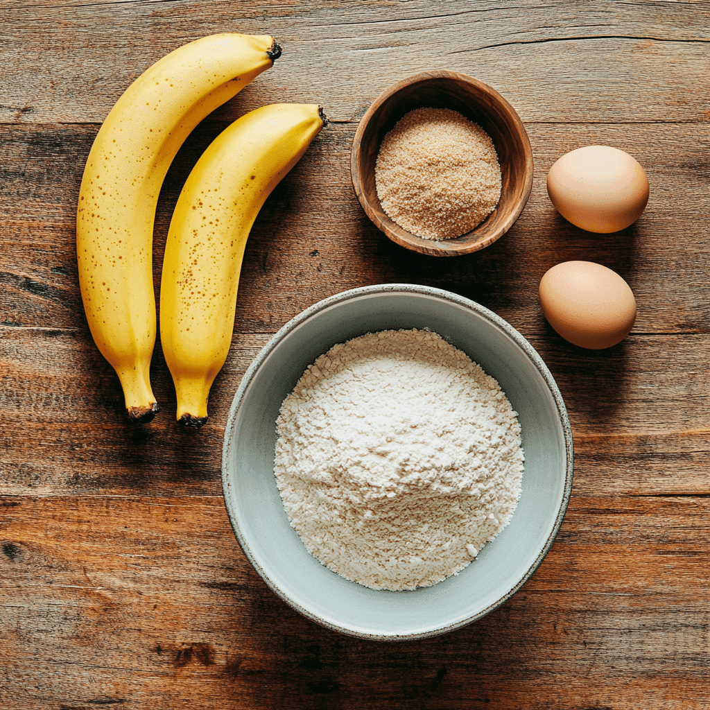 Ingredients for 4-ingredient banana bread laid out on a wooden table