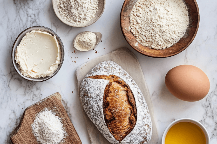 A rustic artisan bread loaf surrounded by baking ingredients, including bowls of flour, butter, an egg, and melted butter, arranged on a marble countertop for a classic baking setup.