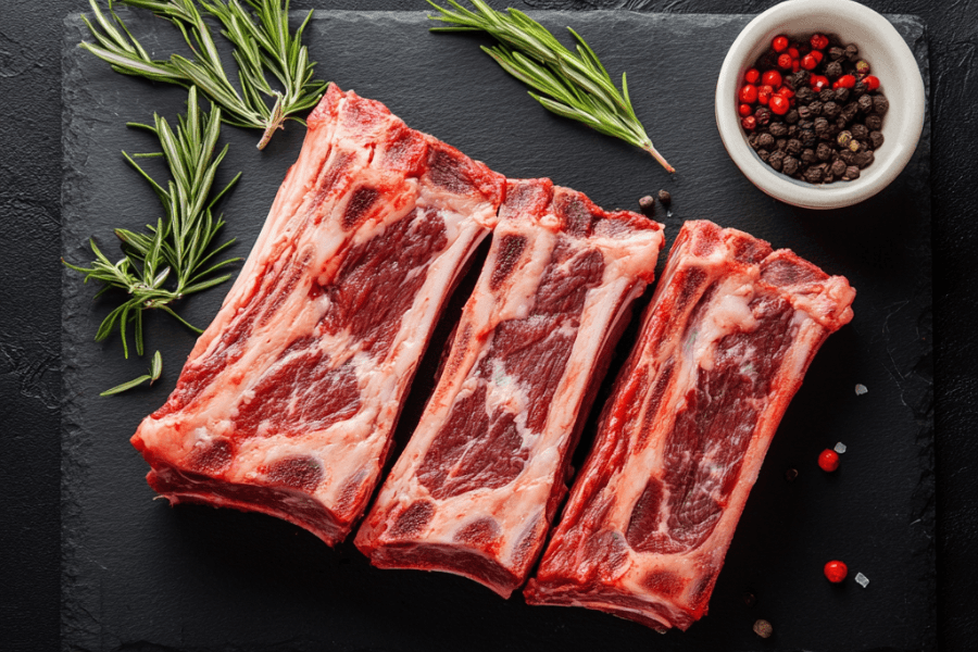 Three raw beef ribs with marbled meat, placed on a dark slate board, garnished with fresh rosemary sprigs and a small bowl of peppercorns.