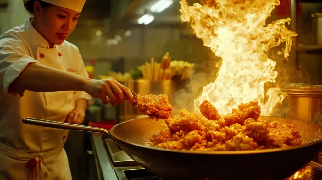 Chinese chef frying crispy chicken in a professional kitchen