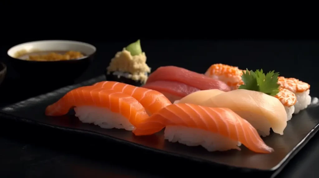 Fresh salmon sushi platter with sashimi and nigiri.