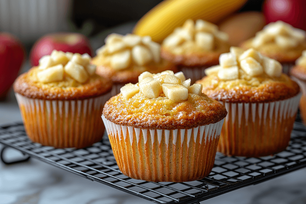 Freshly baked banana and apple muffins topped with diced apple pieces, cooling on a wire rack.