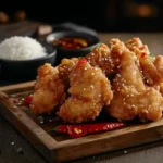 Chinese-style crispy fried chicken with soy sauce and rice