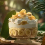 A classic banana pudding dessert with layers of vanilla wafers, bananas, and whipped topping against a tropical background.