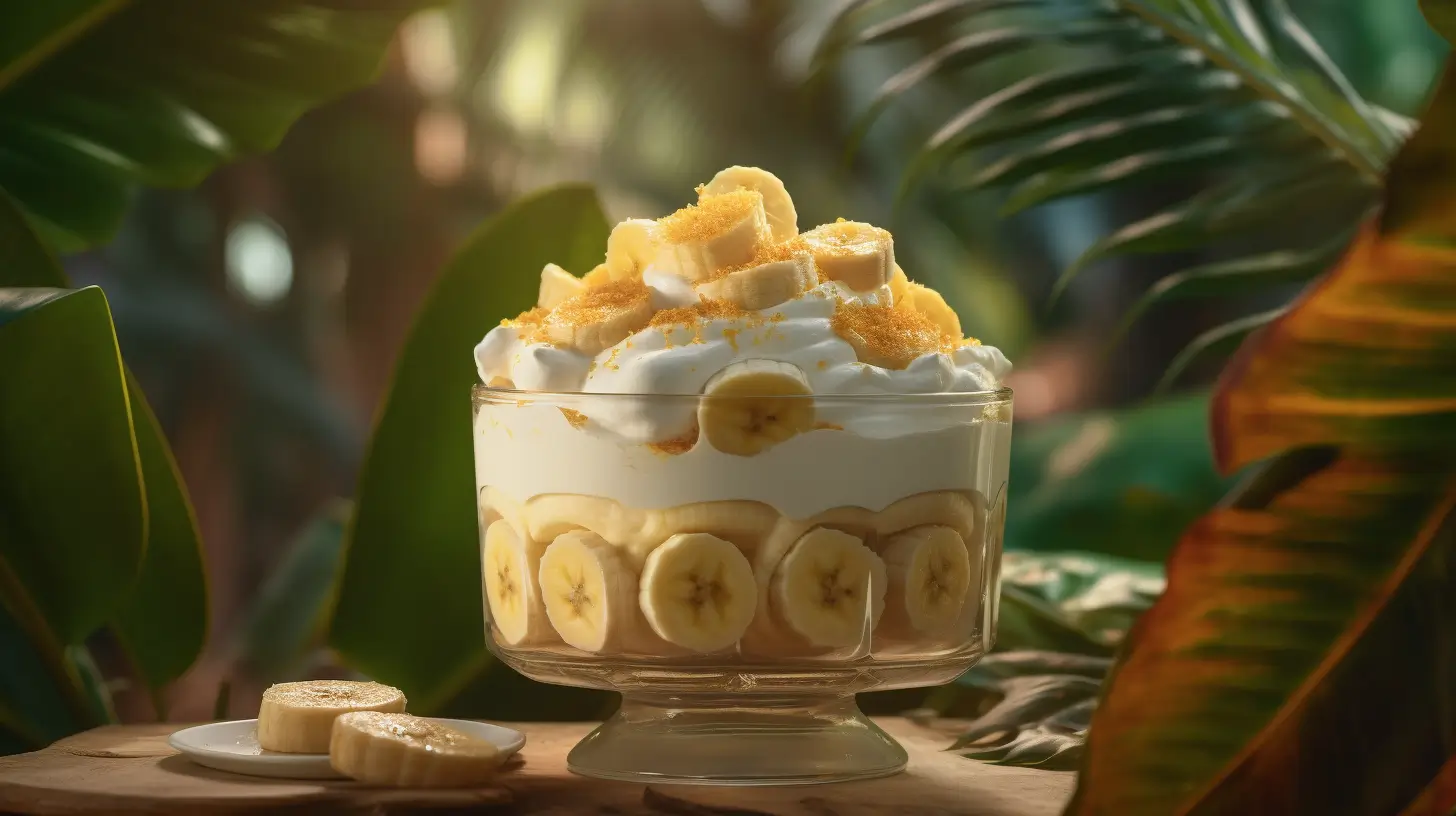 A classic banana pudding dessert with layers of vanilla wafers, bananas, and whipped topping against a tropical background.