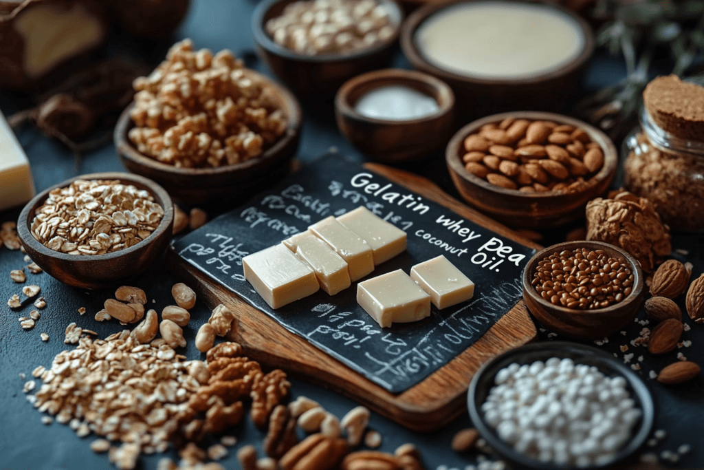 Assorted bowls of ingredients such as oats, nuts, seeds, and protein bars on a dark table with a chalkboard listing their contents.