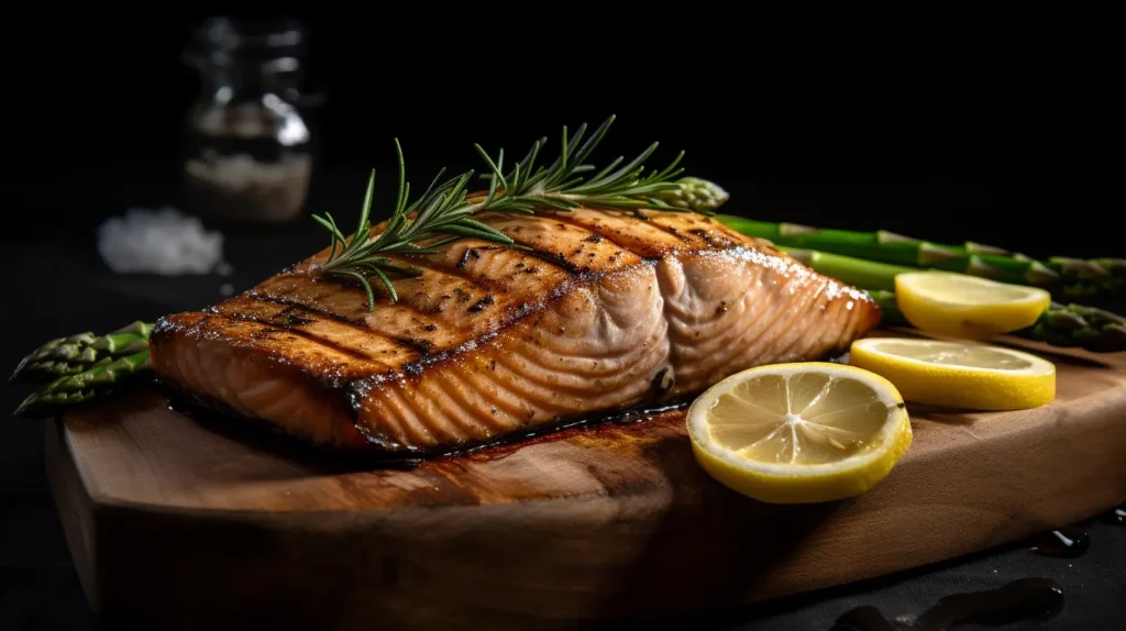 Grilled salmon with rosemary and lemon wedges.