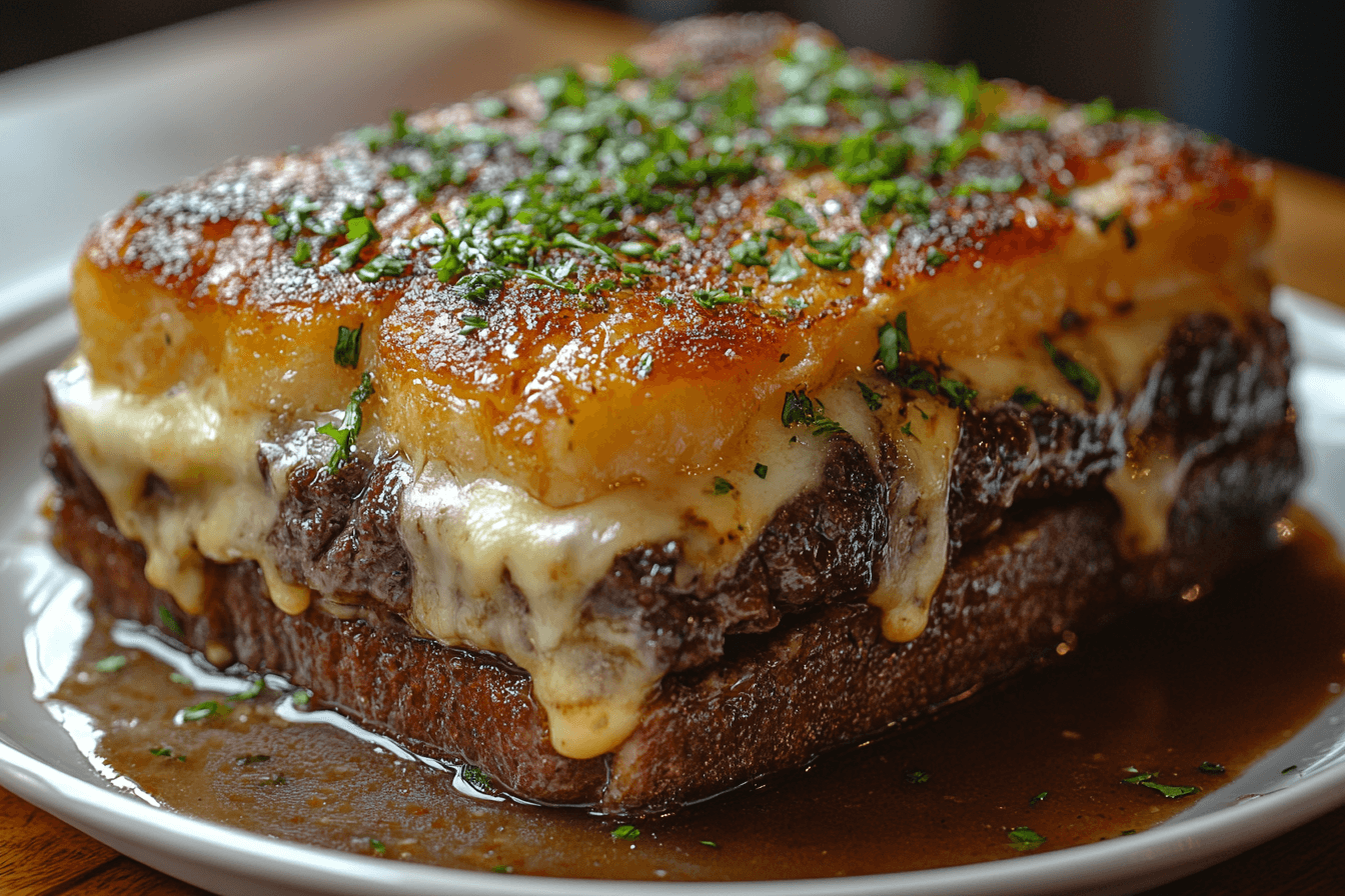 A rich and decadent dish featuring layers of golden caramelized cheese, juicy beef, and toasted bread, served in a pool of flavorful gravy. The top layer is garnished with fresh chopped herbs, adding a vibrant touch to the indulgent presentation.