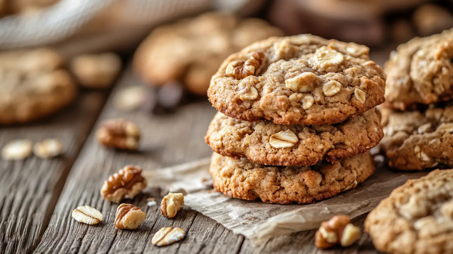 Freshly baked banana bread cookies on a wooden table with walnuts and chocolate chips.