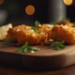 Crispy salmon bites with lemon and parsley on a plate.