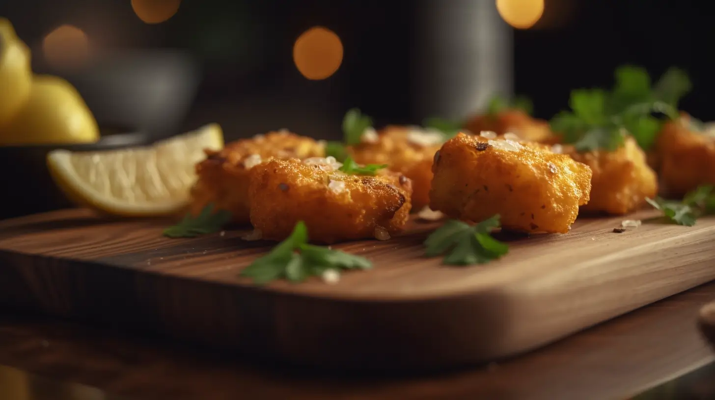 Crispy salmon bites with lemon and parsley on a plate.