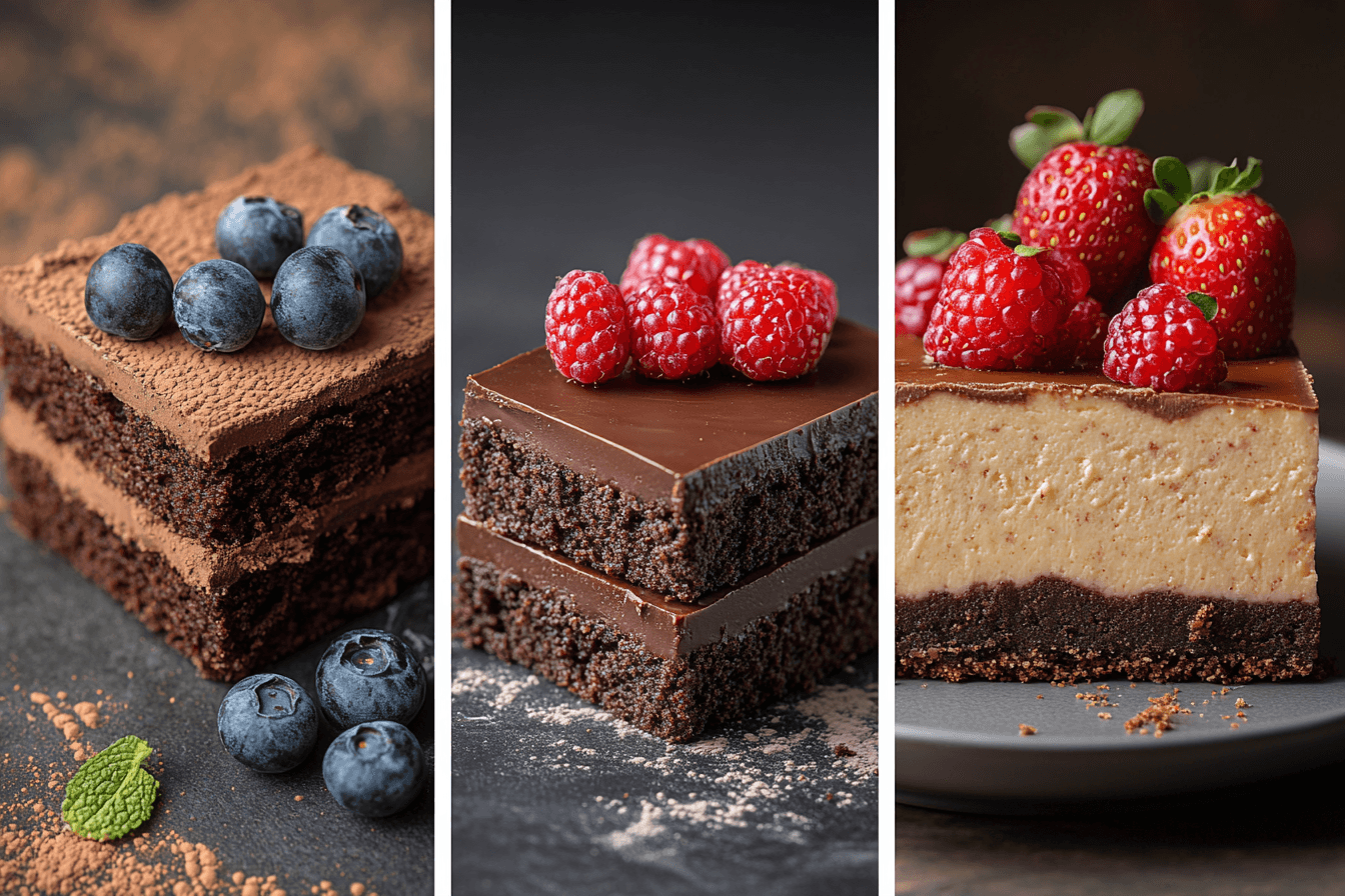 A beautifully plated flourless chocolate cake garnished with fresh berries and powdered sugar.