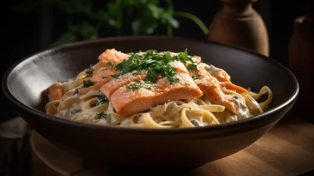 Creamy salmon pasta with fettuccine and Parmesan.