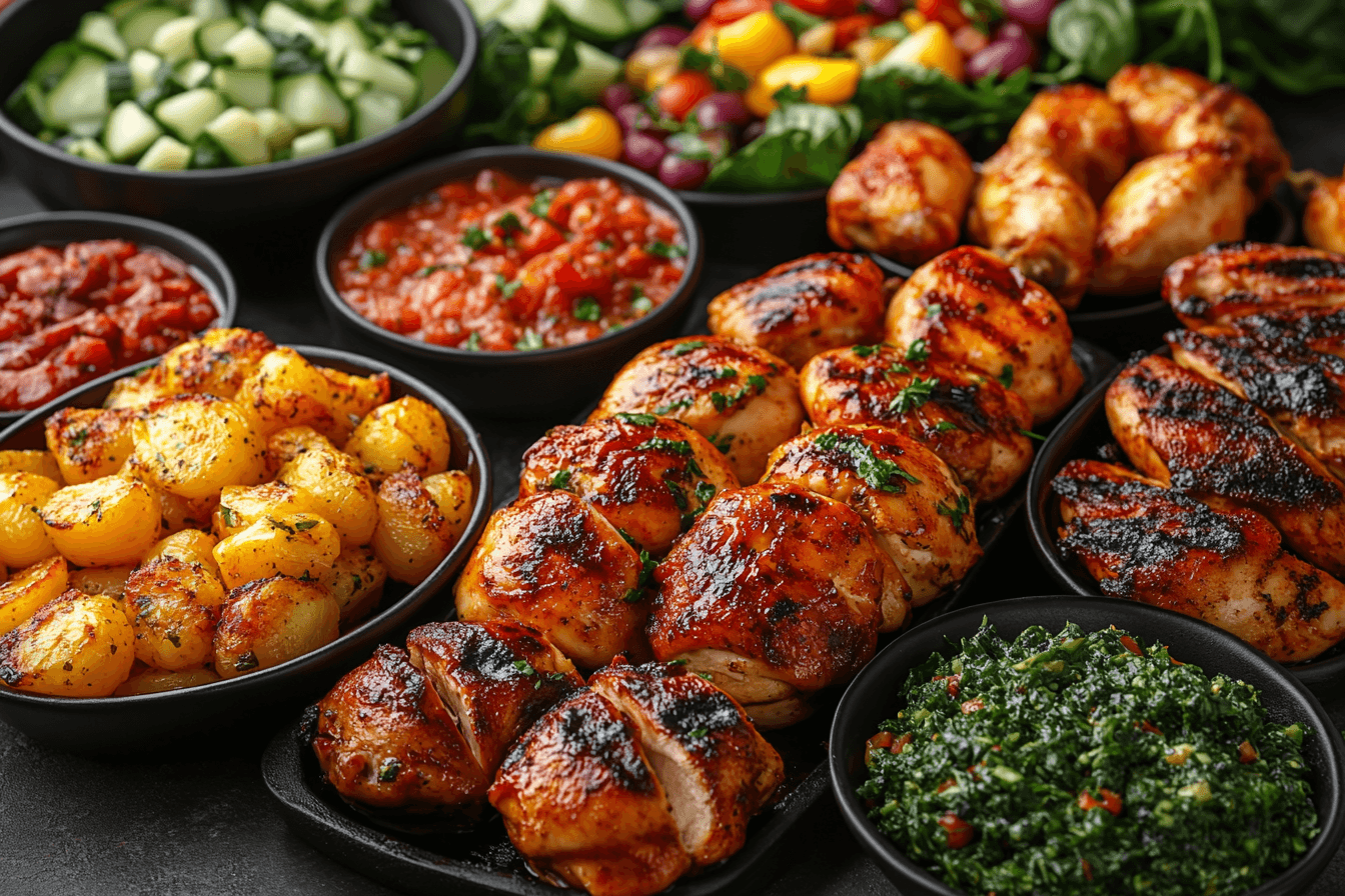 A beautifully arranged spread featuring grilled chicken pieces, roasted baby potatoes, fresh salads, vibrant tomato-based dips, and a bowl of herb-rich tabbouleh, creating a colorful and hearty meal.