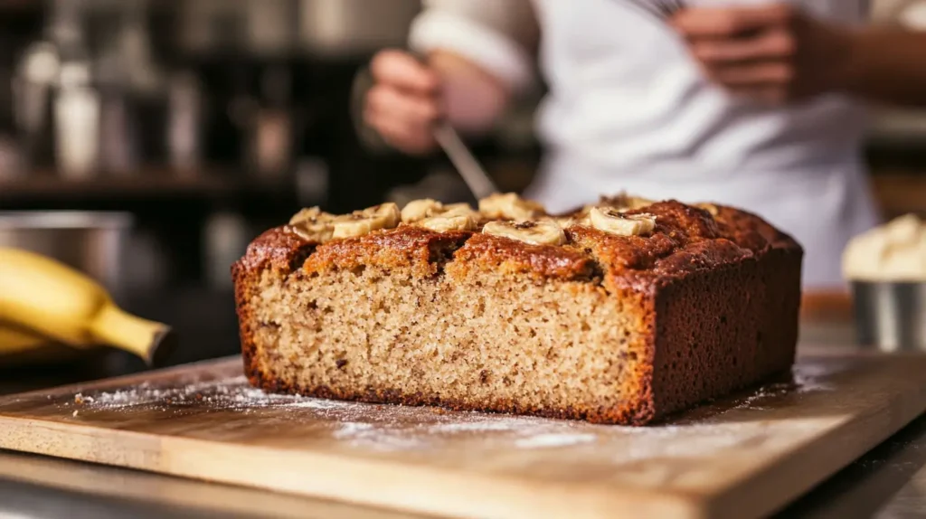 A dense, sunken banana bread loaf with cracks.