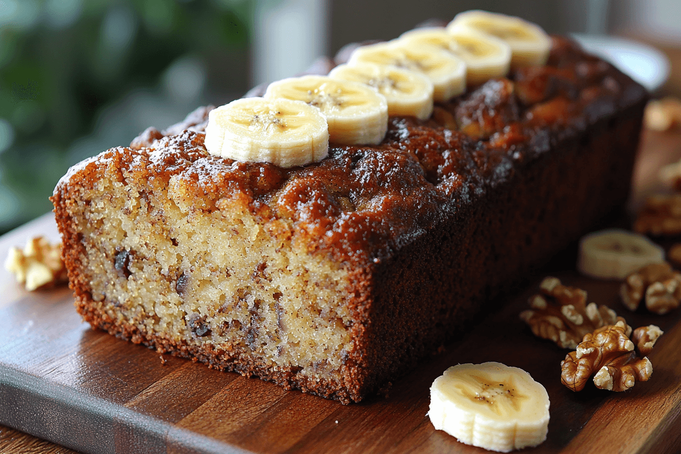 A final image of a beautifully sliced banana nut bread on a wooden cutting board, with a few banana slices and walnuts sprinkled around for garnish.