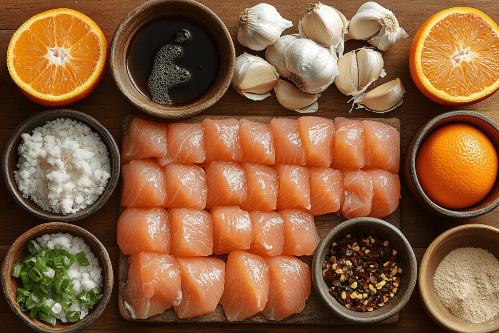 Freshly prepared chicken cubes surrounded by an assortment of ingredients including orange halves, garlic cloves, soy sauce in a wooden bowl, green onions, crumbled cheese, chili flakes, and powdered seasoning, all arranged on a wooden surface.