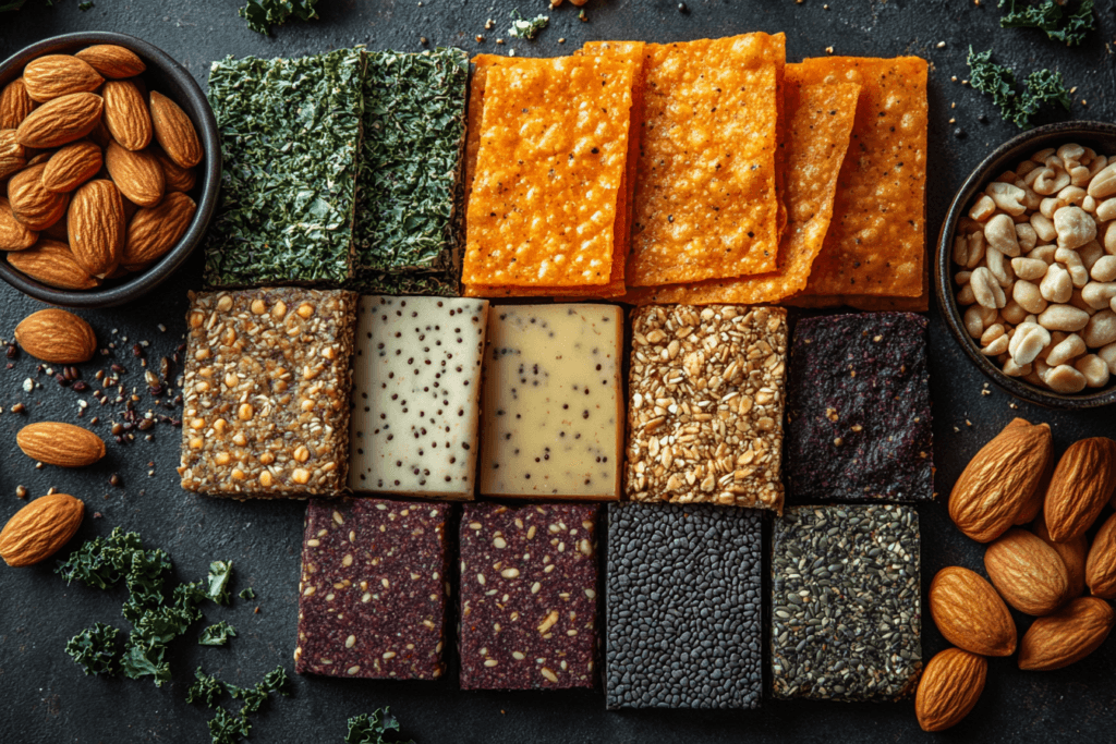 Assorted healthy snack bars, crackers, nuts, and seeds arranged on a dark background.