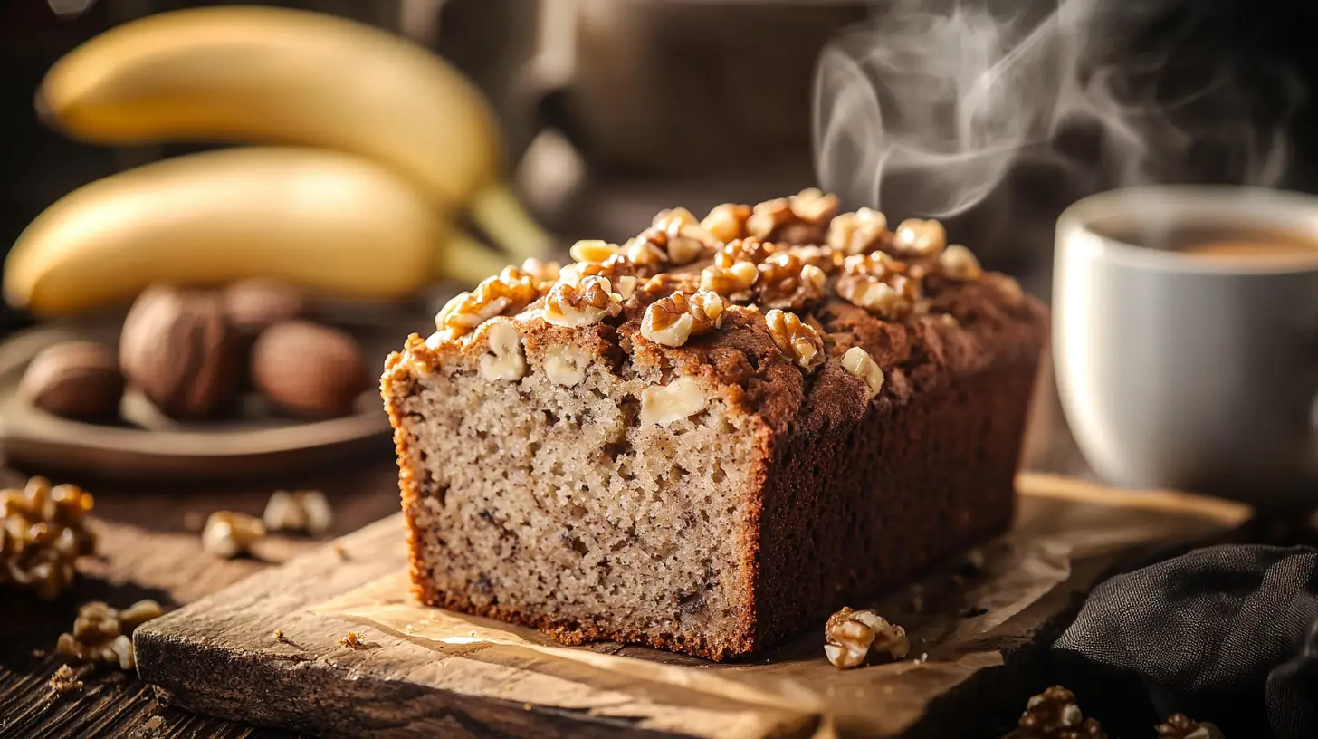 Freshly baked old-fashioned banana nut bread on a wooden table