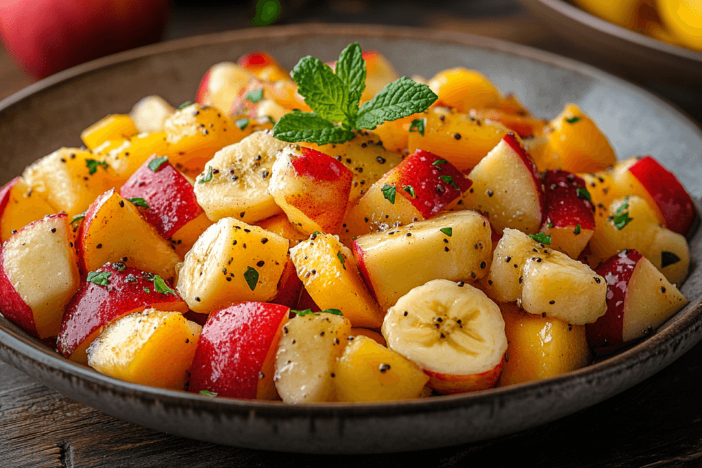 A colorful fruit salad with diced apples, bananas, and peaches, garnished with mint leaves and seasoning.