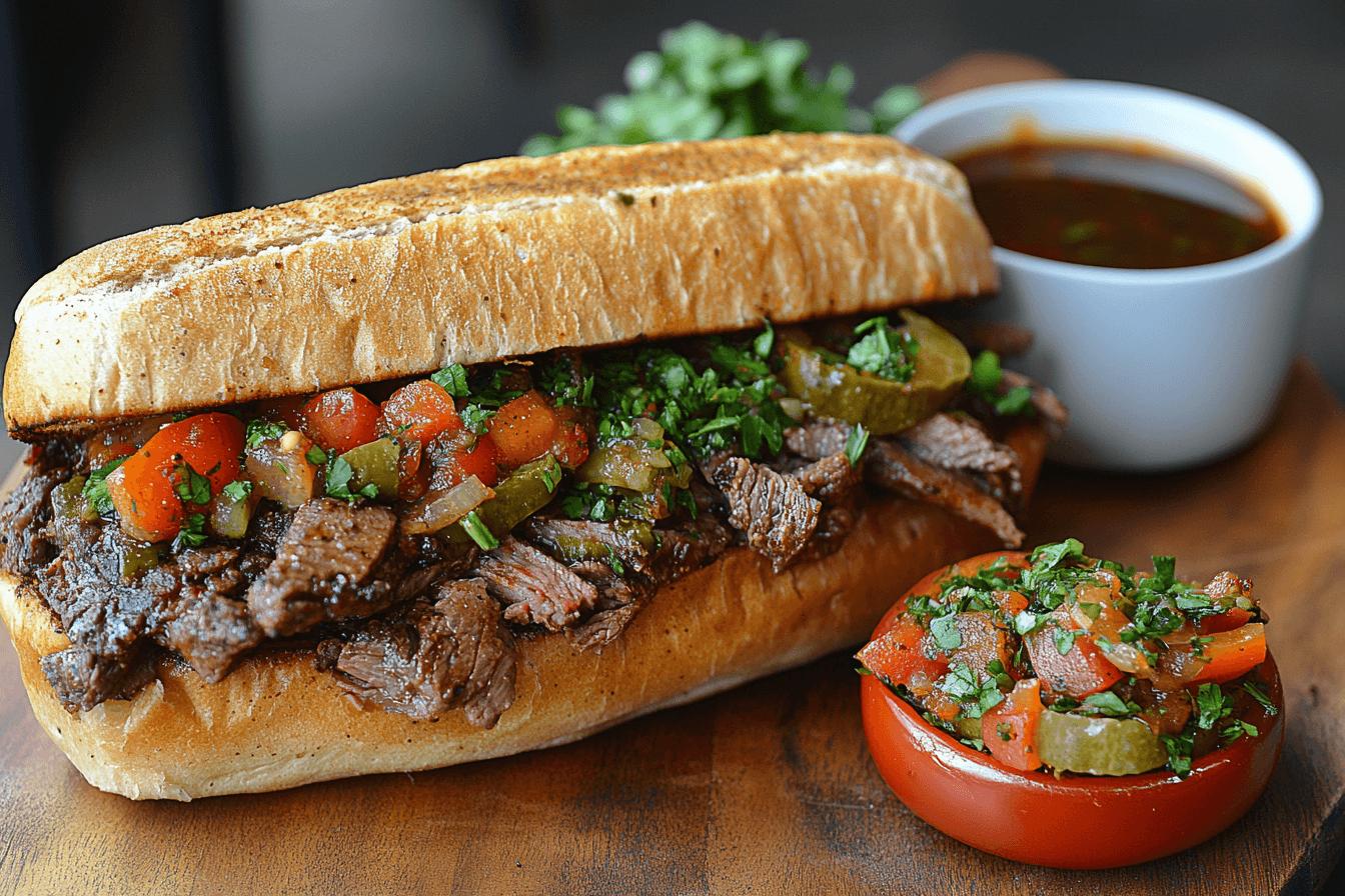 “Freshly prepared thin-sliced Italian beef soaked in flavorful broth.”