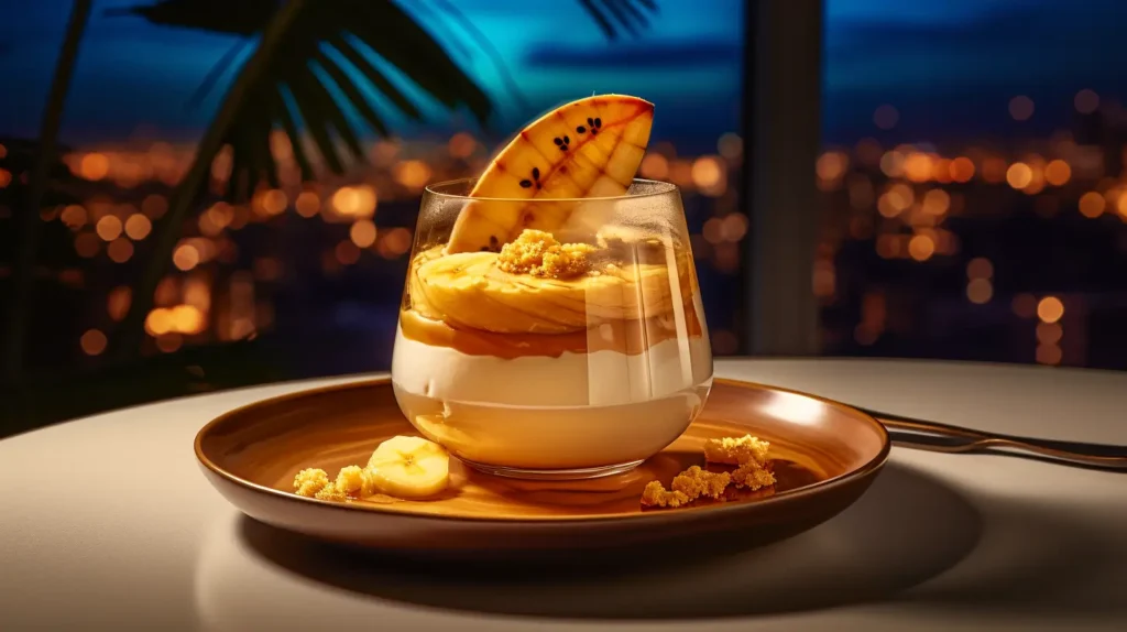 A gourmet version of banana pudding served in an upscale NYC restaurant with an exotic ocean view.
