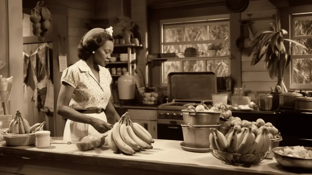 A grandmother preparing banana pudding in a traditional kitchen with a tropical background.