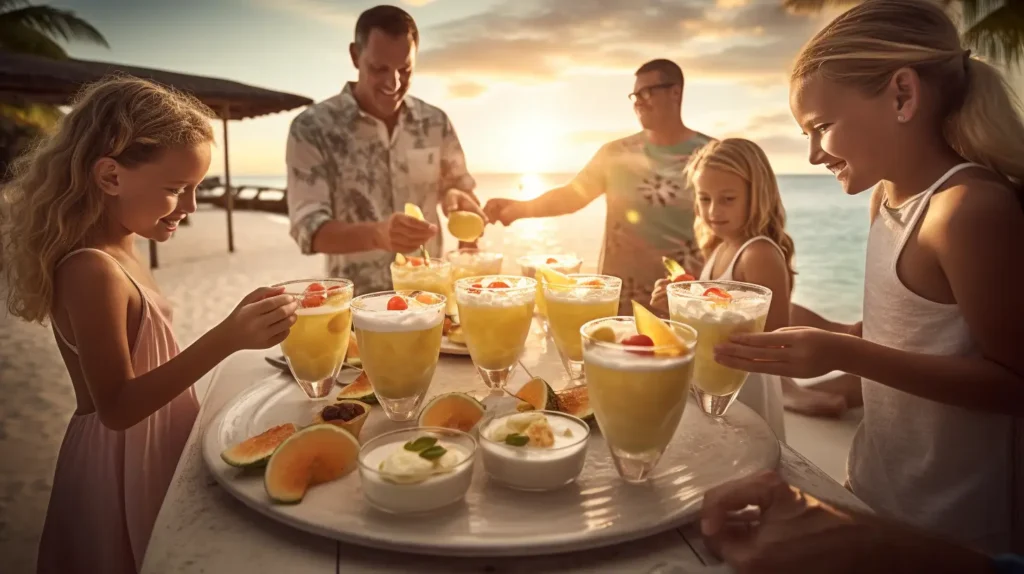 Family enjoying banana pudding at a tropical beach resort