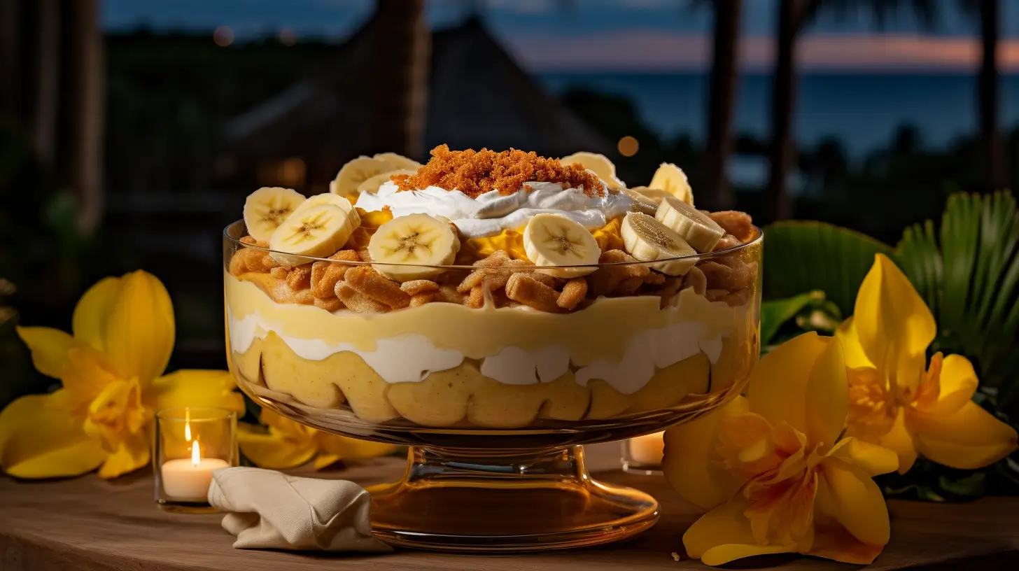 Exotic banana pudding with caramel drizzle on a tropical beach