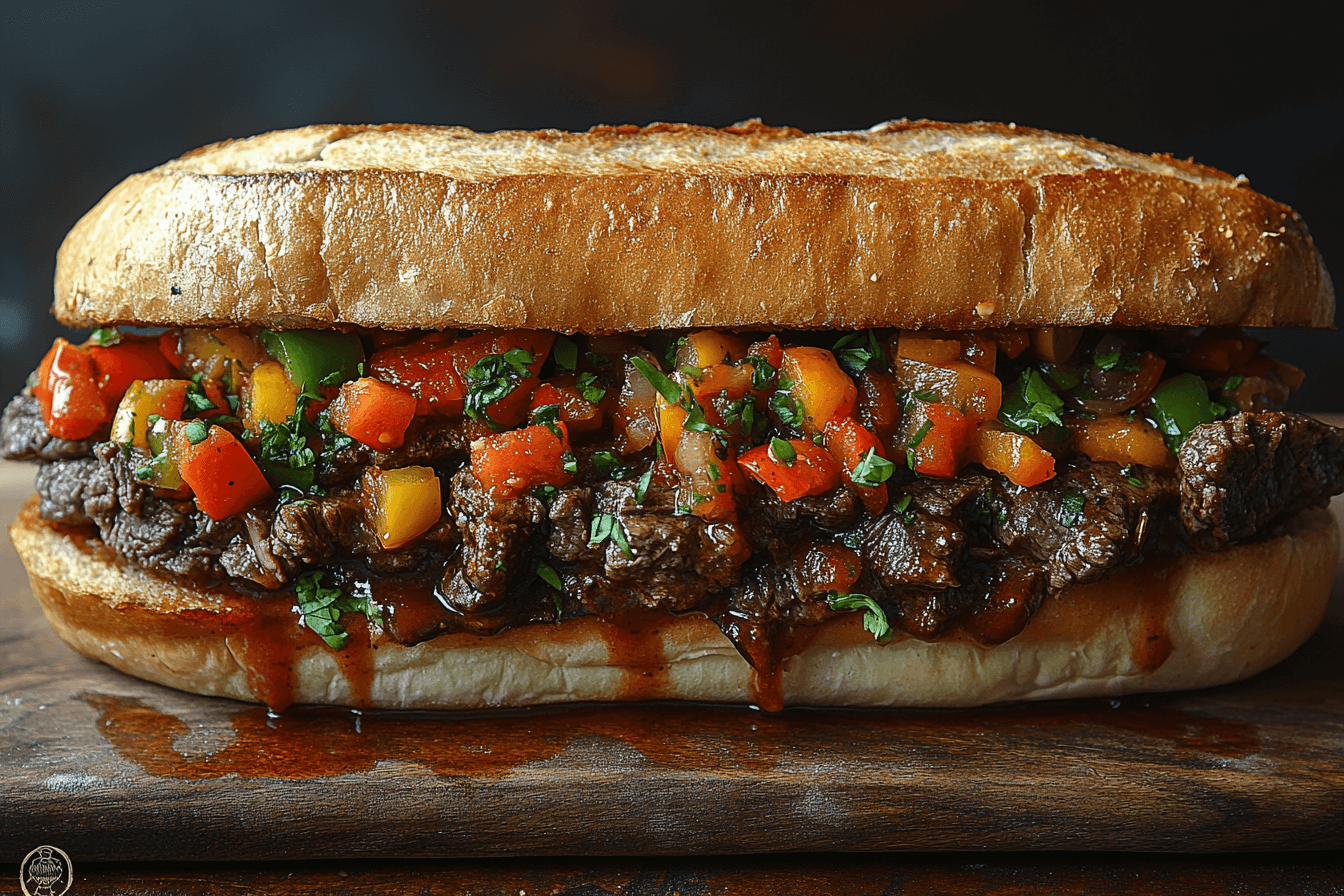 Close-up of a juicy Italian beef sandwich topped with giardiniera and sweet peppers on a rustic wooden board.