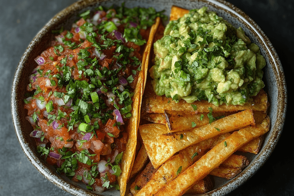 A bowl filled with fresh salsa, creamy guacamole, and crispy seasoned tortilla chips garnished with cilantro.