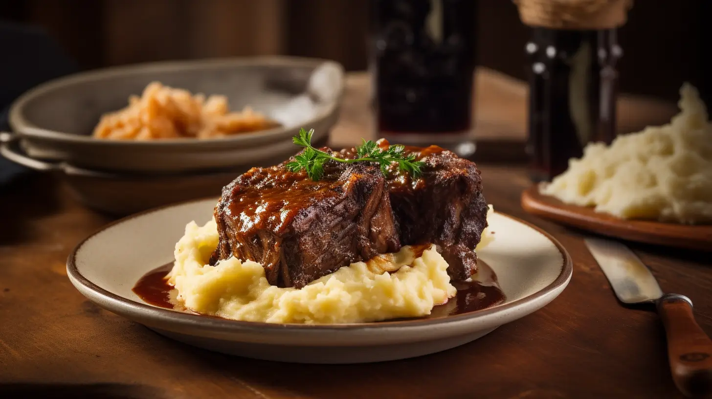 Slow-cooked beef spare ribs with BBQ sauce on a wooden plate.