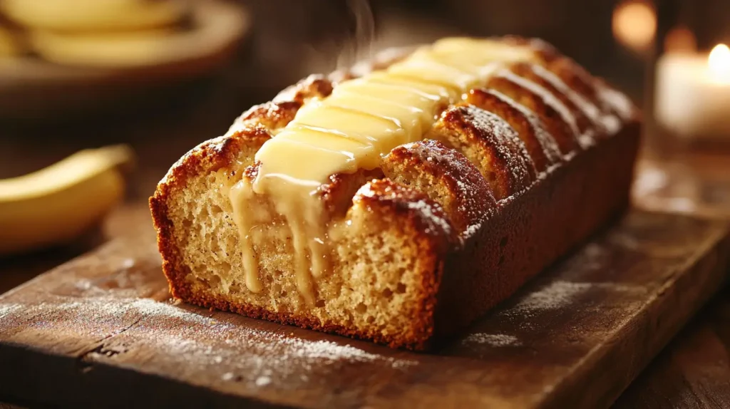 A warm banana bread slice with butter melting on top.