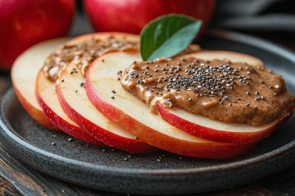 Slices of red apple topped with almond butter and sprinkled with chia seeds, served on a black plate.