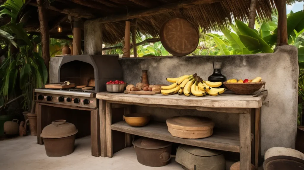 Vintage banana pudding recipe book in a tropical island kitchen