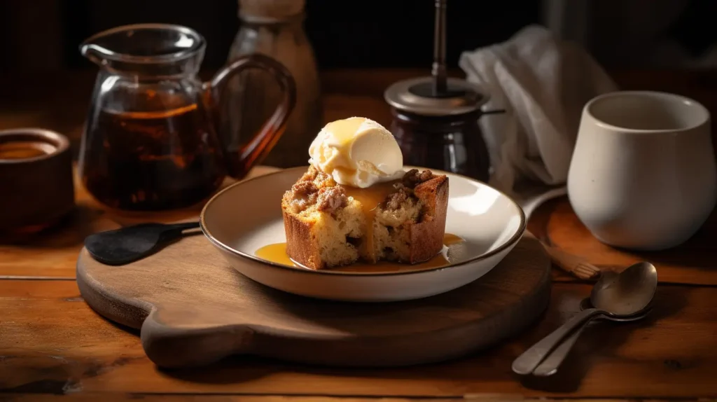 A warm serving of banana bread pudding with ice cream.