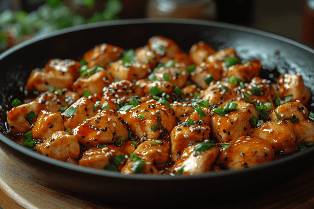 A skillet filled with golden-brown glazed chicken bites garnished with sesame seeds and freshly chopped green onions, creating a flavorful and visually appealing dish.