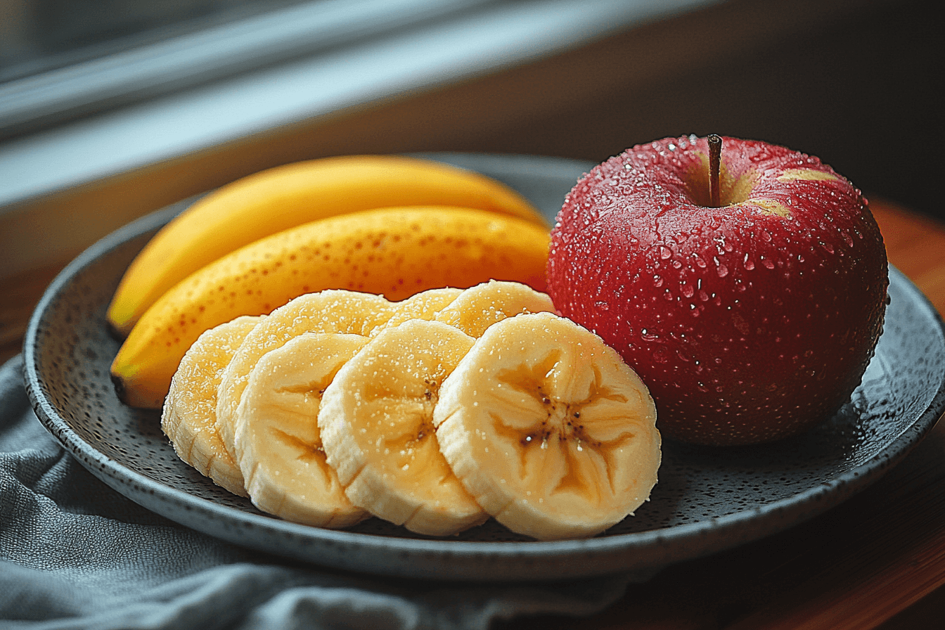 Sliced apples and bananas arranged on a wooden cutting board, showcasing their complementary textures and colors.