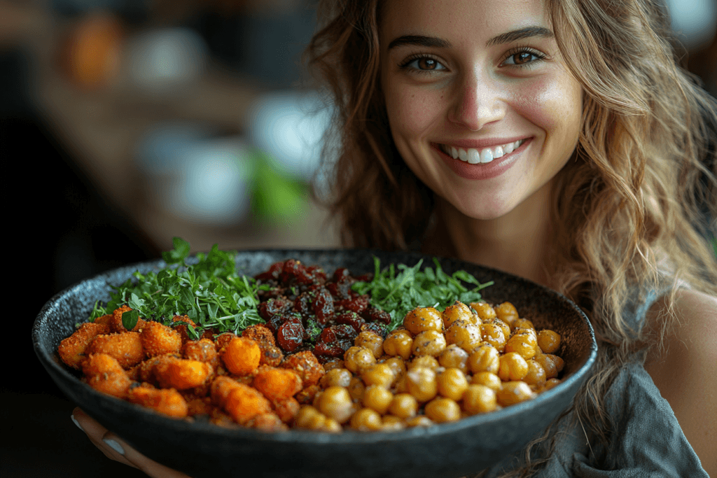 Smiling woman holding a bowl of roasted chickpeas, sweet potatoes, greens, and sundried tomatoes.