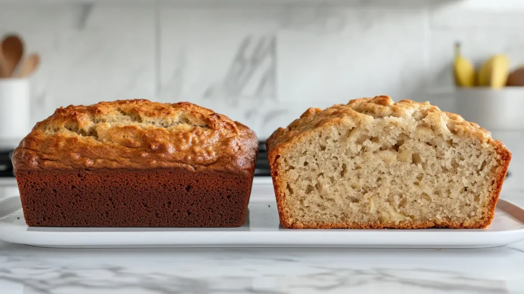 Side-by-side comparison of a perfect Apple Banana Bread and a dense one